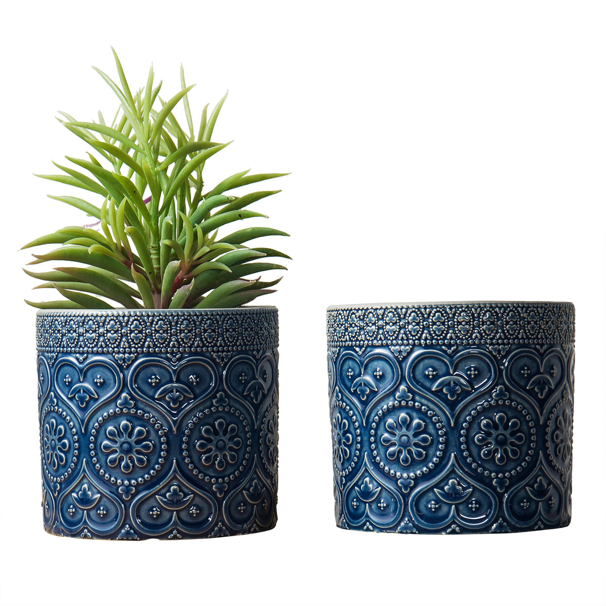 MyGift 4-inch cobalt blue ceramic planter with embossed design for stylish greenery