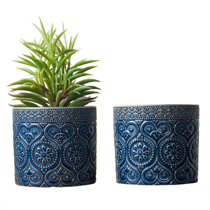 MyGift 4-inch cobalt blue ceramic planter with embossed design for stylish greenery
