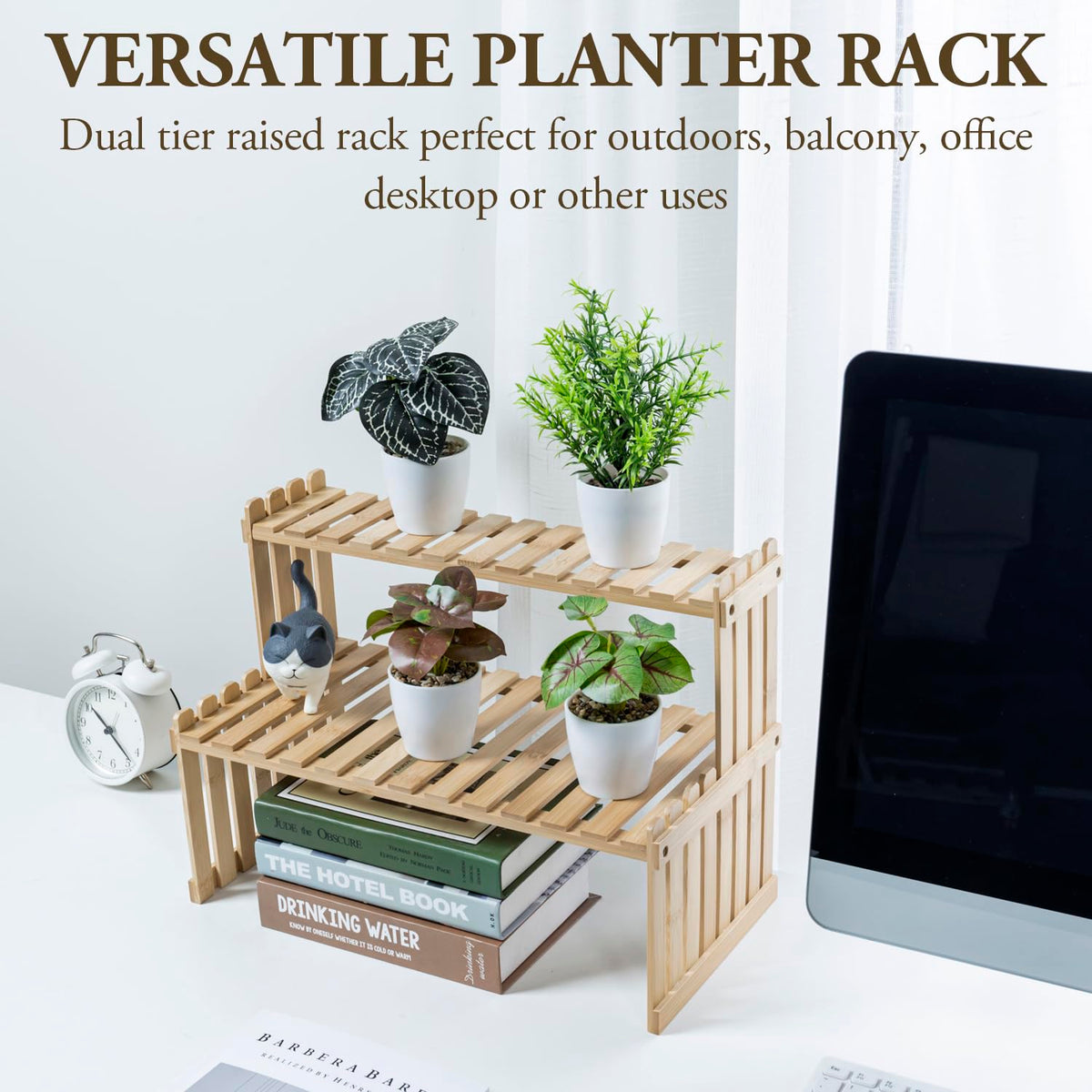 MyGift bamboo 2-tier shelves slatted design highlights airy style and easy organization on countertops.