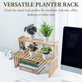 MyGift bamboo 2-tier shelves slatted design highlights airy style and easy organization on countertops.