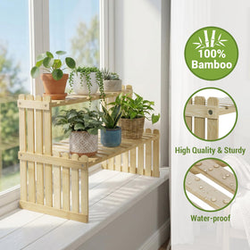 MyGift bamboo 2-tier stand with spices and office supplies shows versatile storage use.