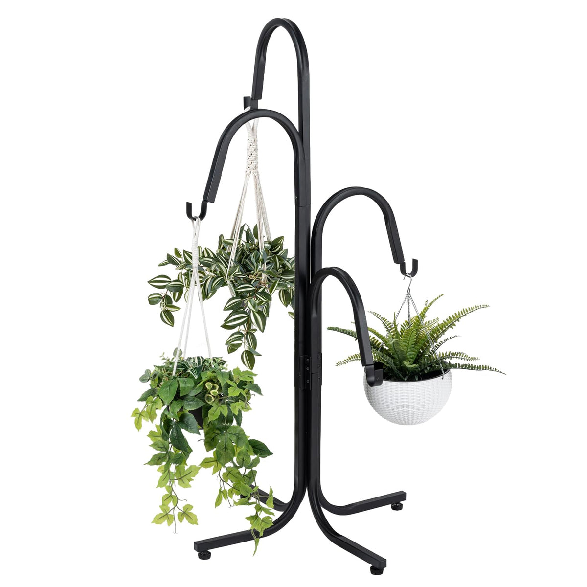 MyGift floor standing planter stand front view showing four-hook setup for multi-plant display