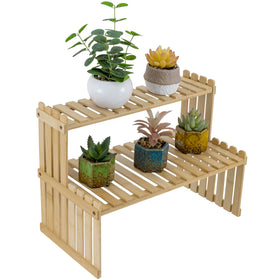 MyGift natural bamboo 2-tier desk stand front view showing compact desktop organization.