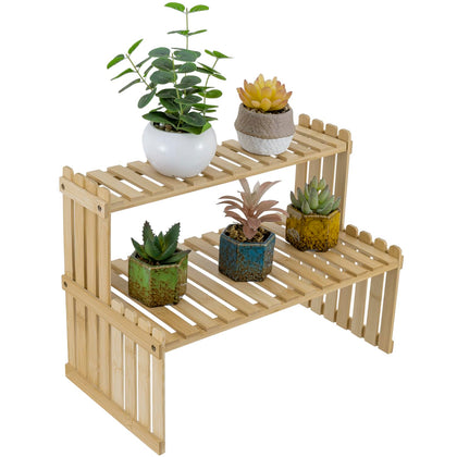MyGift natural bamboo 2-tier desk stand front view showing compact desktop organization.