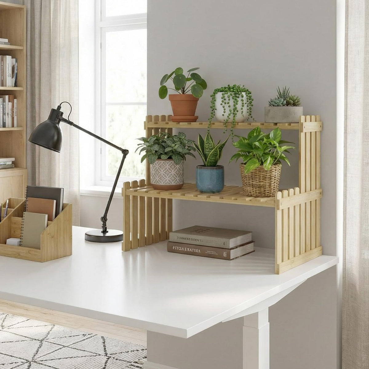 MyGift natural bamboo 2-tier stand side view demonstrates space-saving desktop solution.