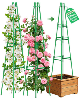 MYMULIKE garden trellis 6ft tower obelisk supports climbing vines outdoors.