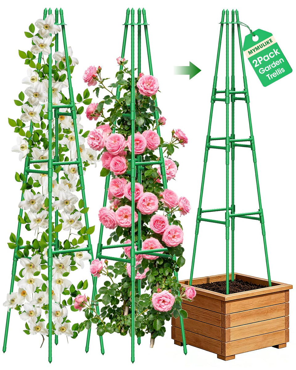 MYMULIKE garden trellis 6ft tower obelisk supports climbing vines outdoors.