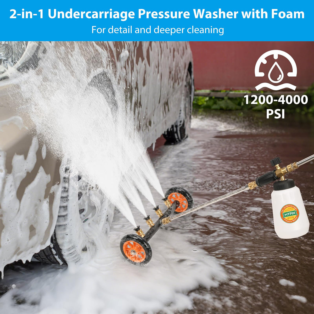 MYPIN foam washer bottle assembly delivers deep, foamy undercarriage scrubbing.