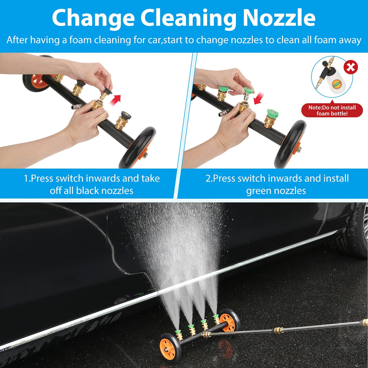 MYPIN replaceable nozzle system for versatile cleaning with adjustable spray.
