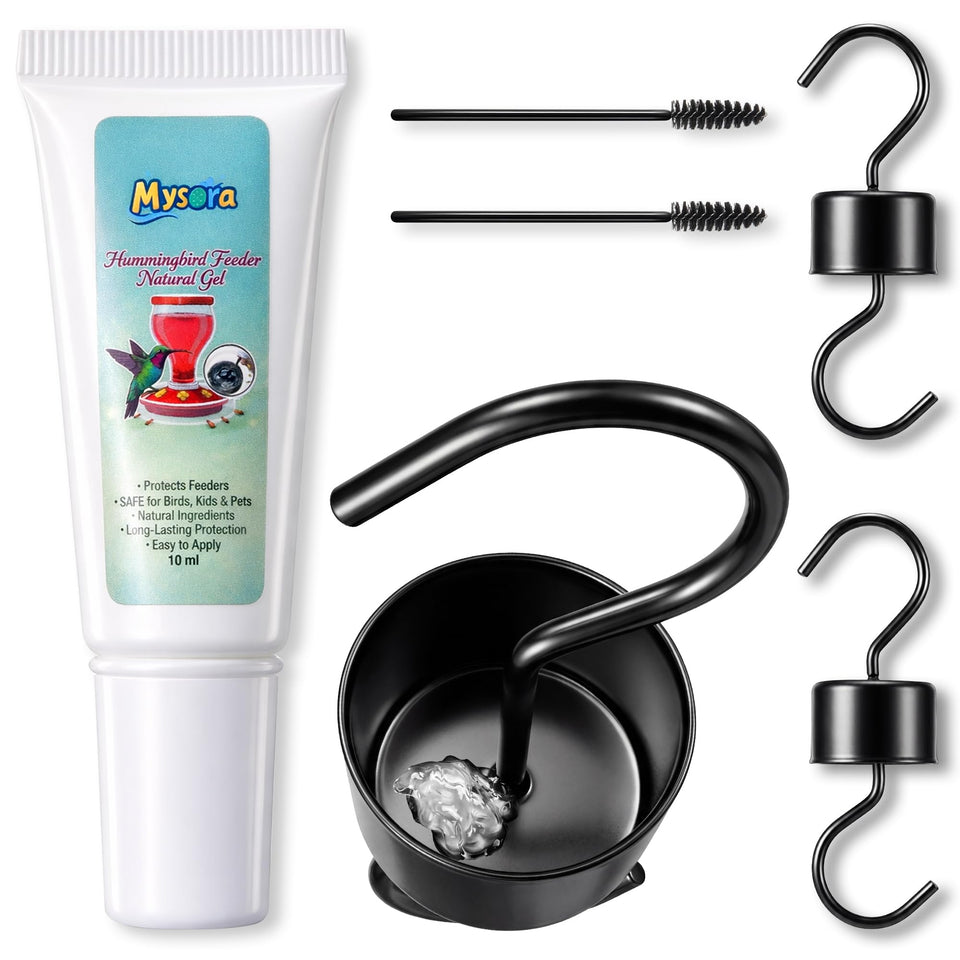 Mysora ant-blocking gel kit with hanging guards protecting a hummingbird feeder.