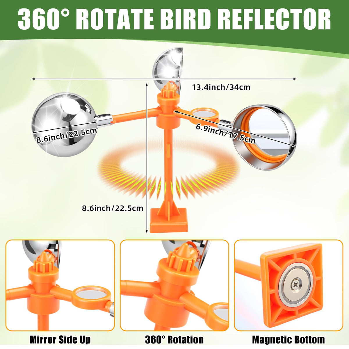 Mysora bird deterrent spin side view showing wind-activated rotation for yard protection