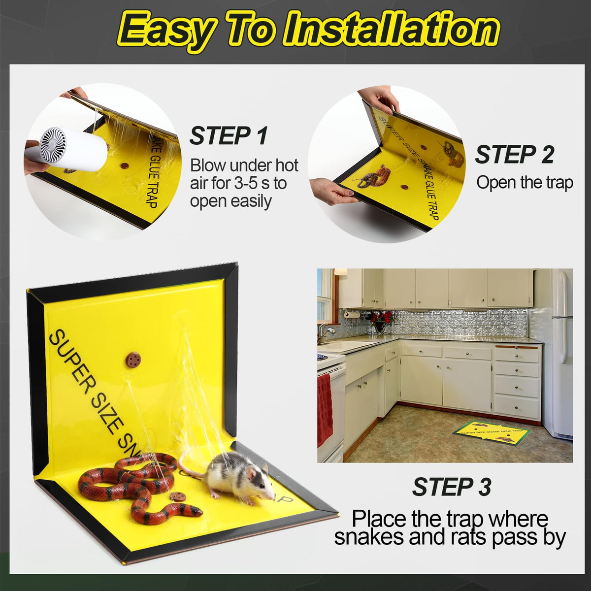 Mysora easy-setup glue trap with simple assembly steps.