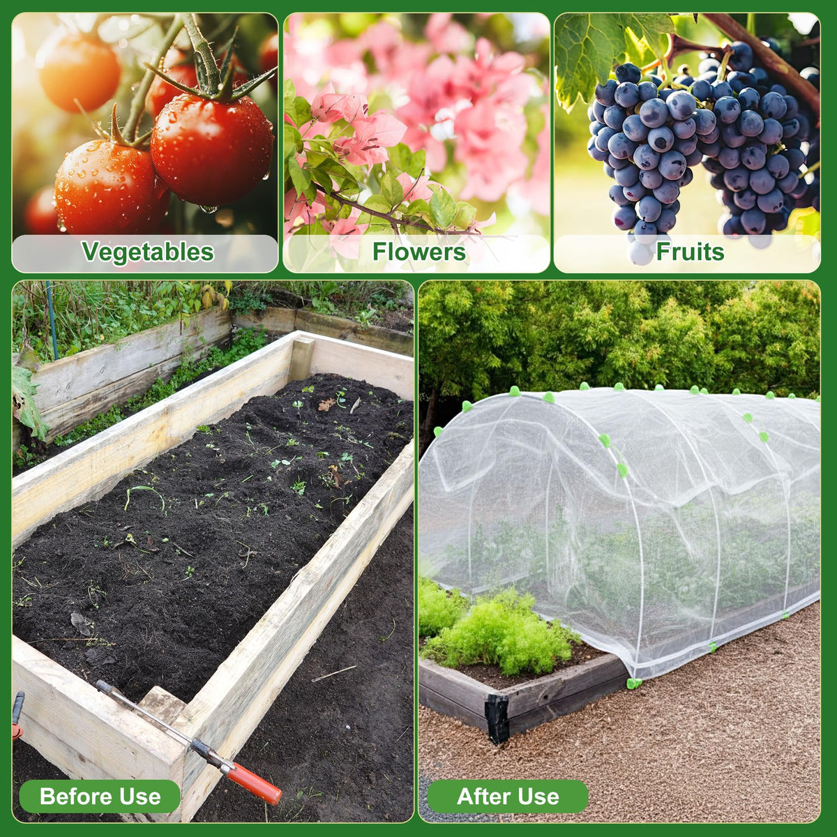 Mysora netting with foldable hoops for easy storage after season.