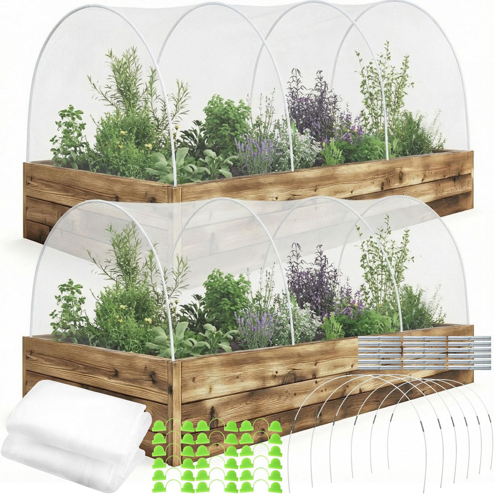 Mysora garden netting kit over a raised bed, creates a physical pest barrier while letting light through.