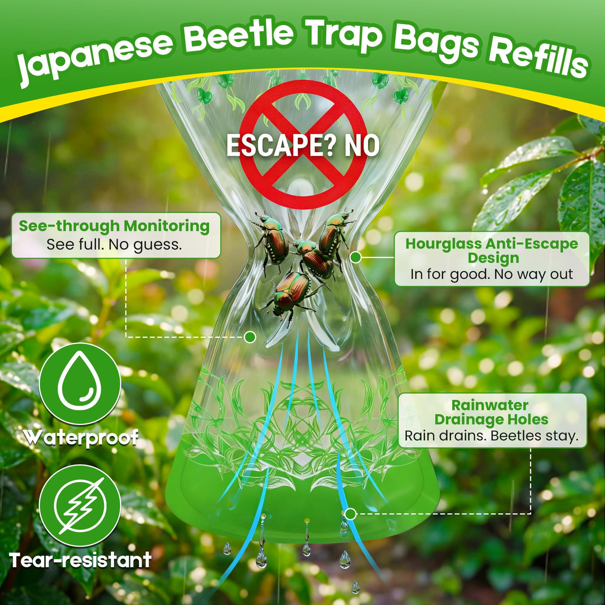 Mysora hourglass-design trap bag prevents beetle escape