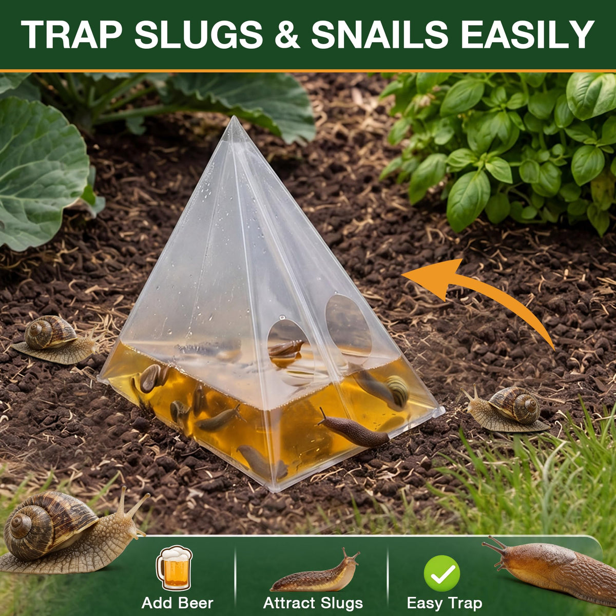 Mysora slug trap bags in pyramid setup attract slugs efficiently in damp borders