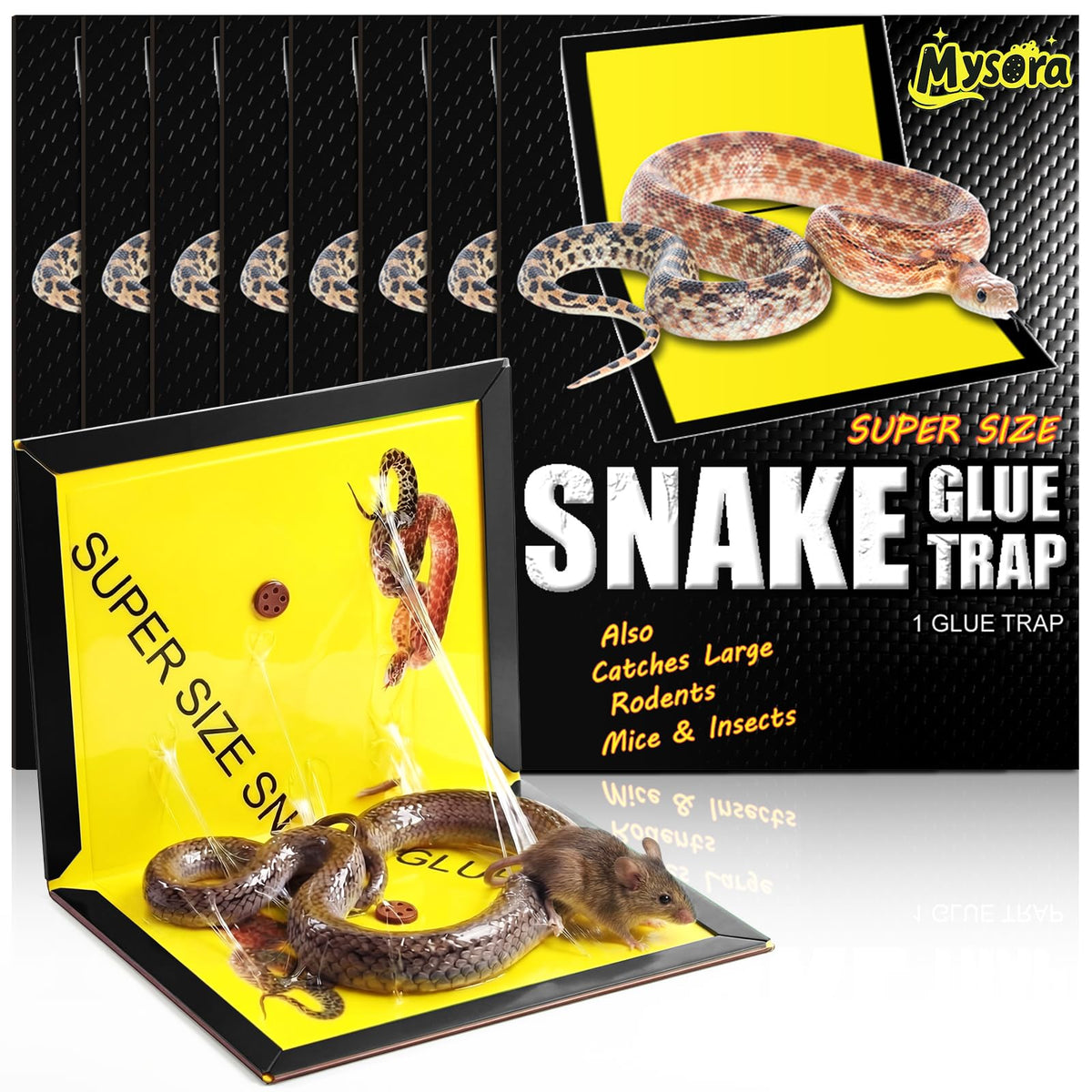 Mysora snake glue trap 13x20 large surface captures snakes indoors or outdoors.