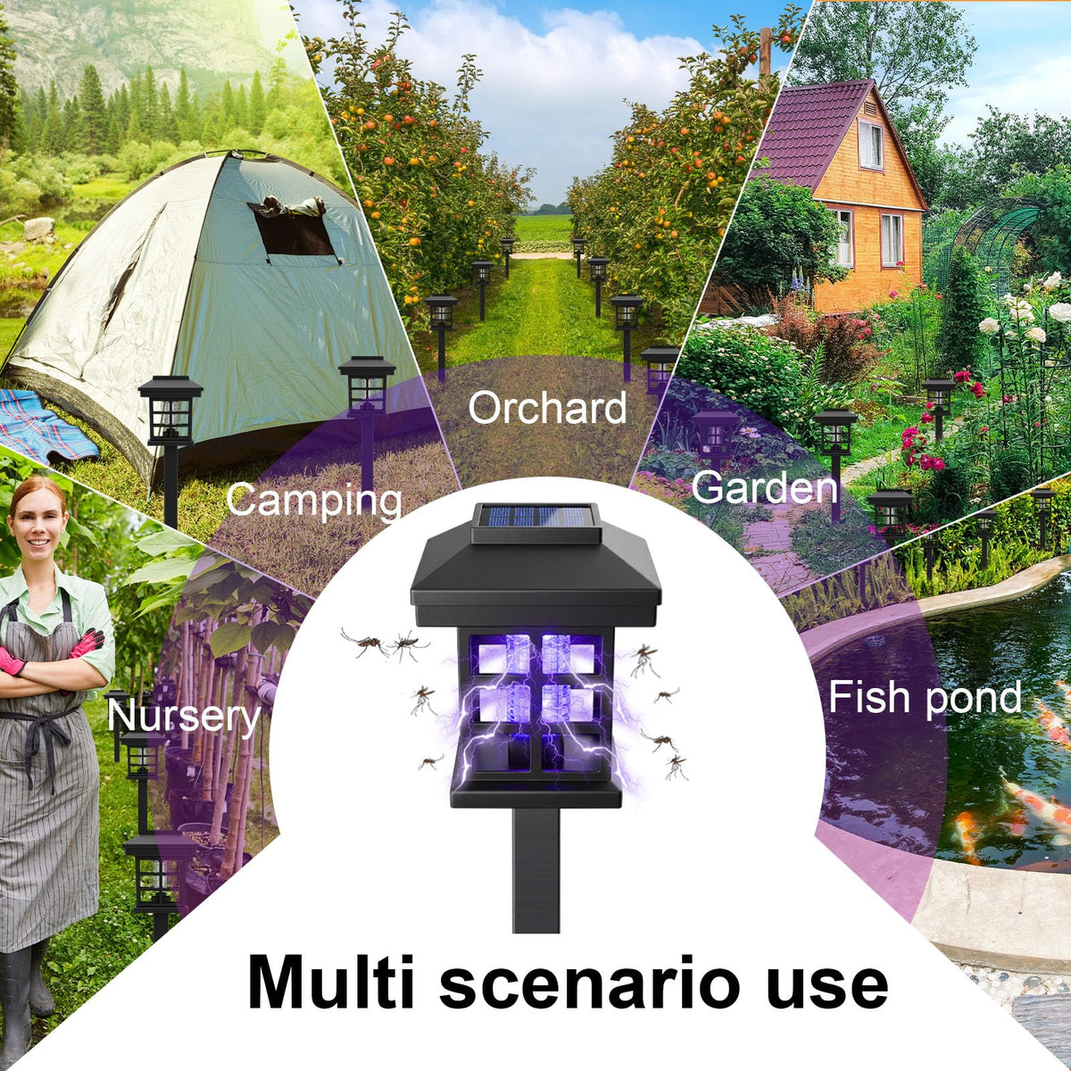 Mysora solar bug zapper quick-install image showing sun charging setup.