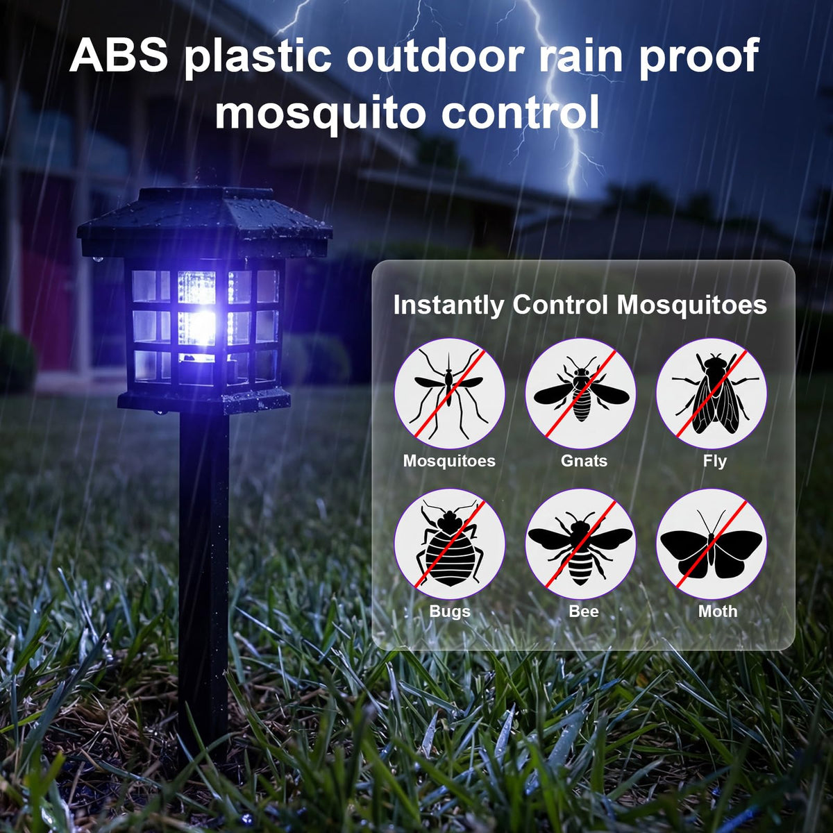 Mysora solar bug zapper IP65 waterproof unit in a garden at dusk.