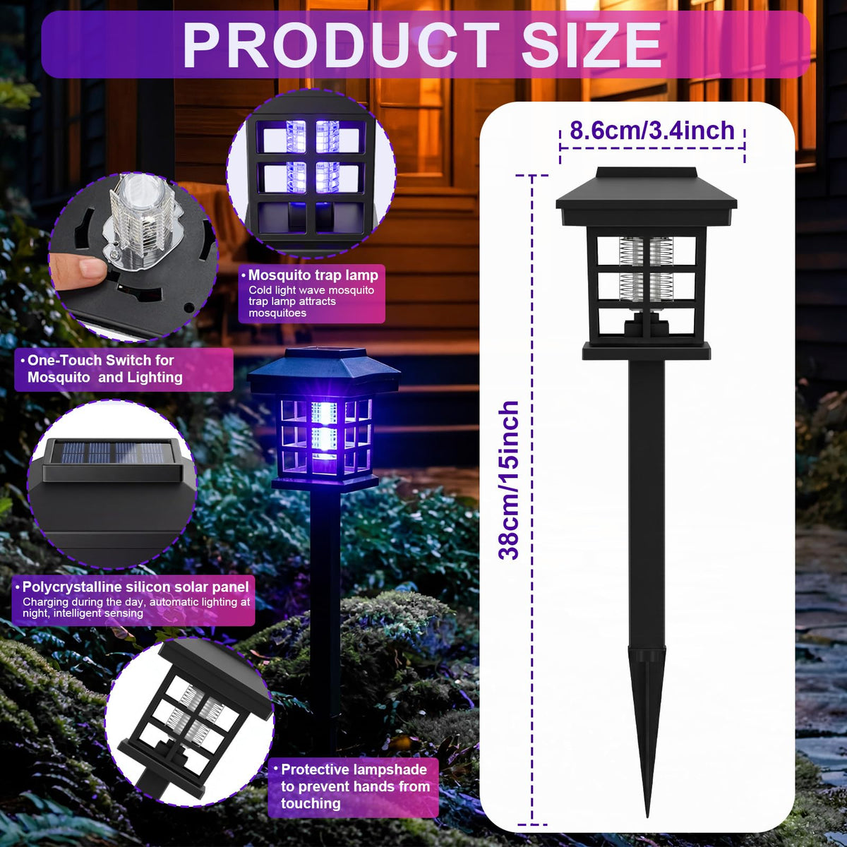 Mysora solar bug zapper back view showing weatherproof IP65 design.