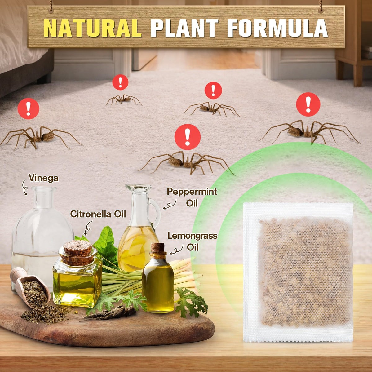 Mysora spider repellent pouch along baseboards provides ongoing indoor fragrance and deterrence.