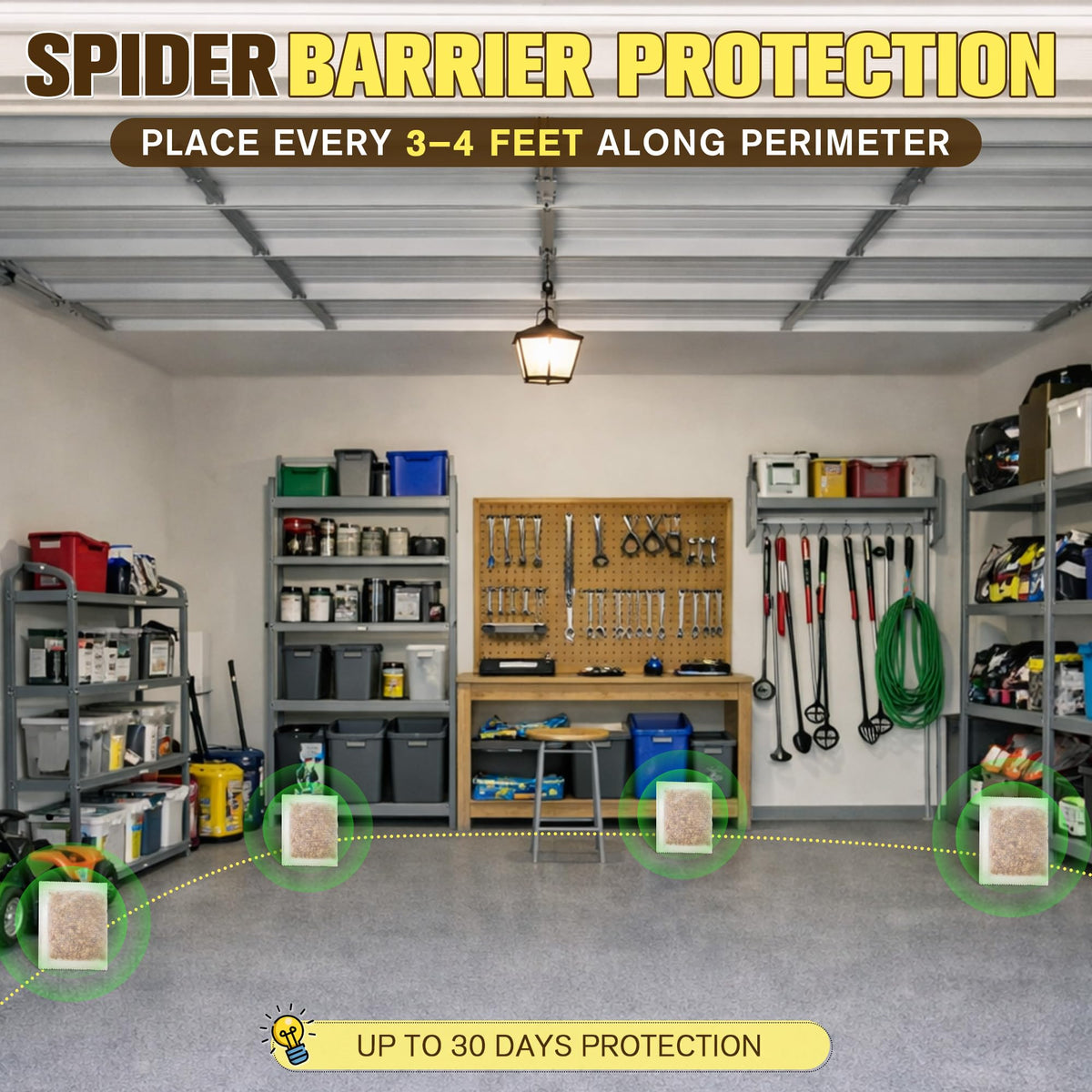 Mysora spider repellent pouch in basement or attic delivers continuous aroma deterrence.