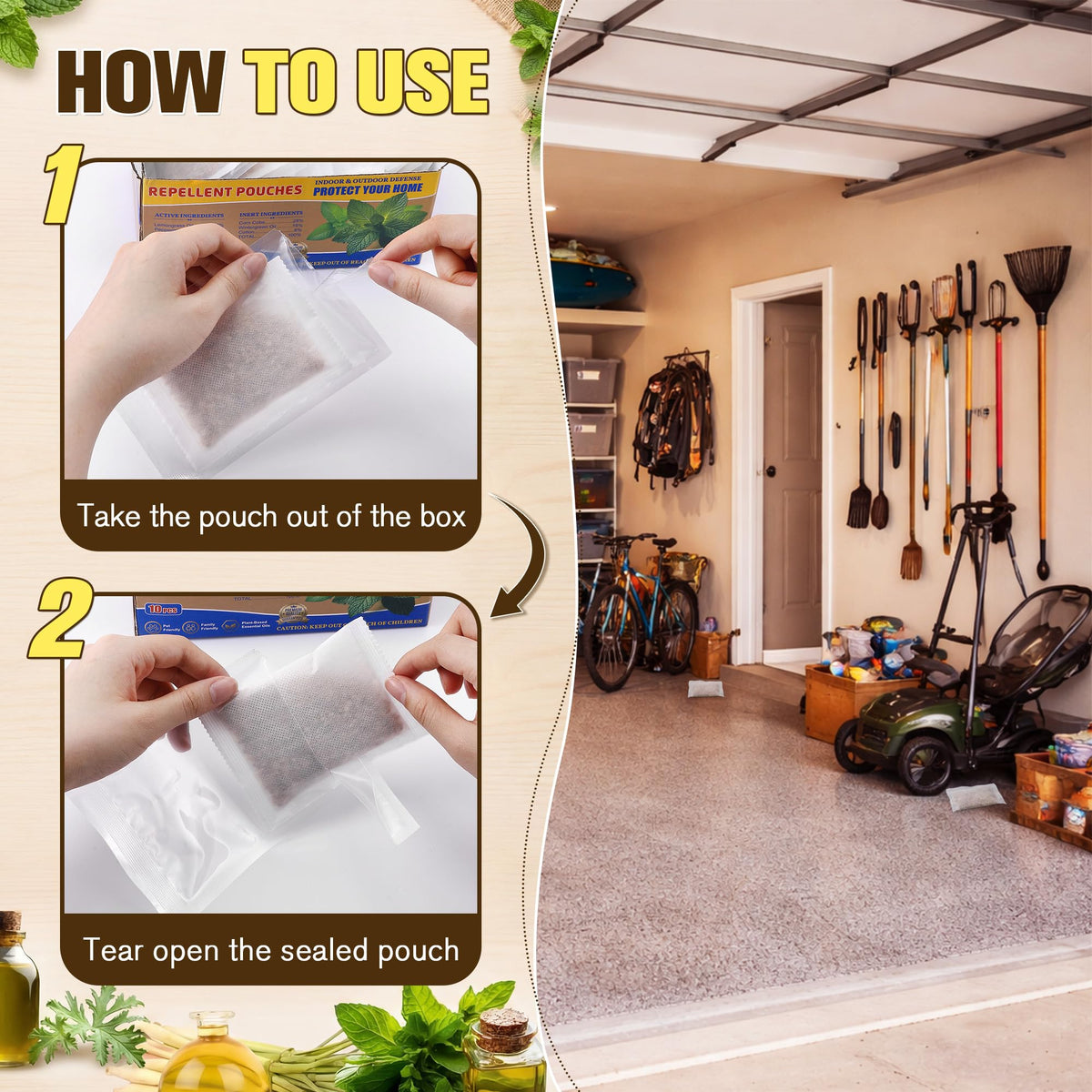 Mysora spider repellent pouch in garage or shed guards spaces with plant oils.