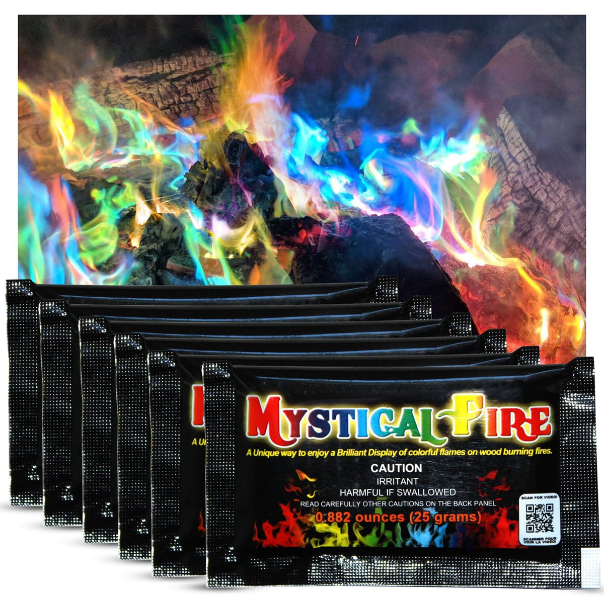 Mystical Fire color changing packets brighten firepit flames with blue, green, purple, and red tones.