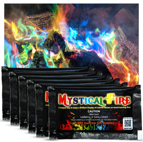 Mystical Fire color changing packets brighten firepit flames with blue, green, purple, and red tones.