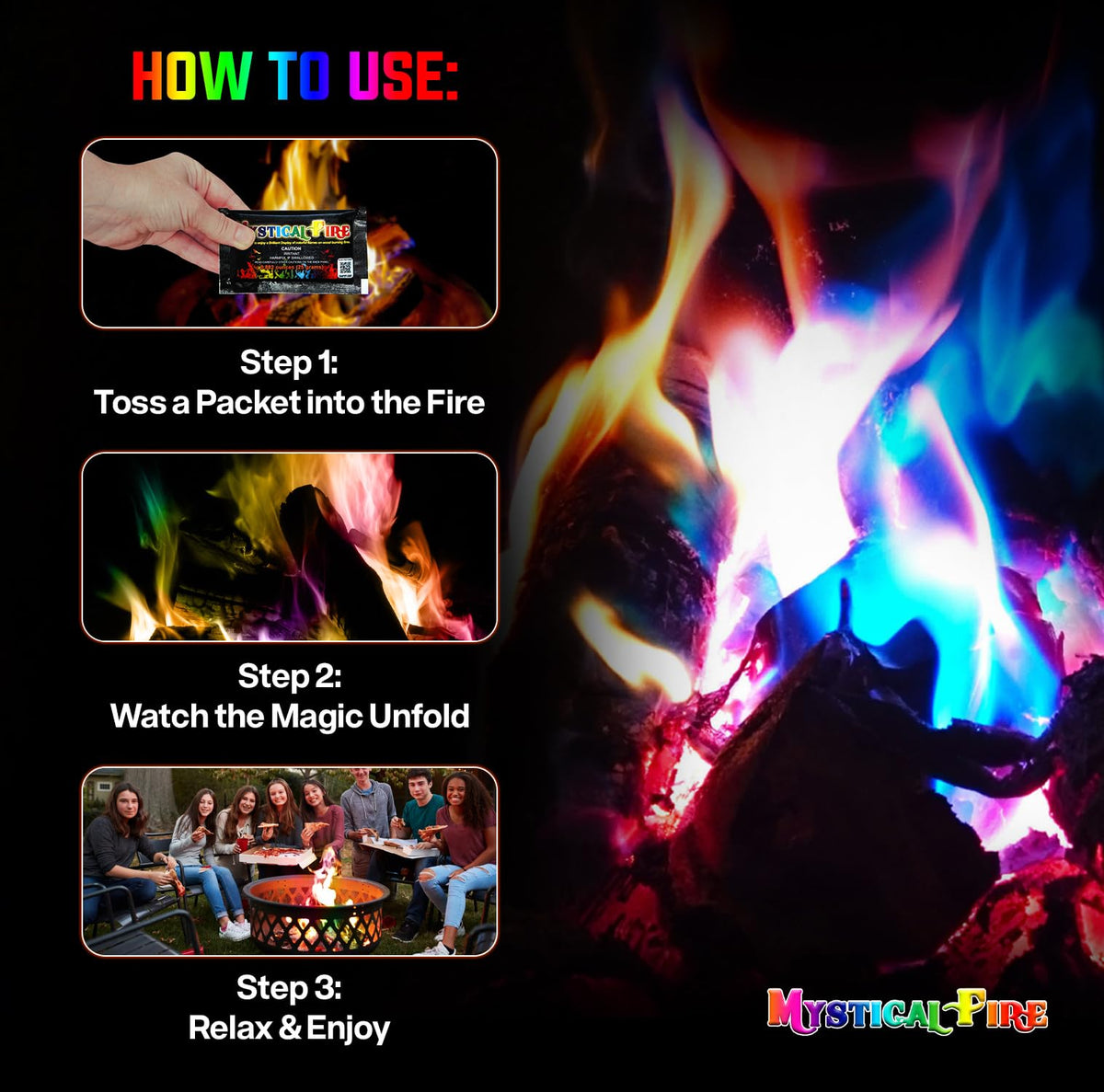 Mystical Fire color packets bring festive vibes to backyard gatherings.