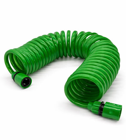 Mystic Romance coil garden hose 8 ft neatly stored for space-saving convenience.