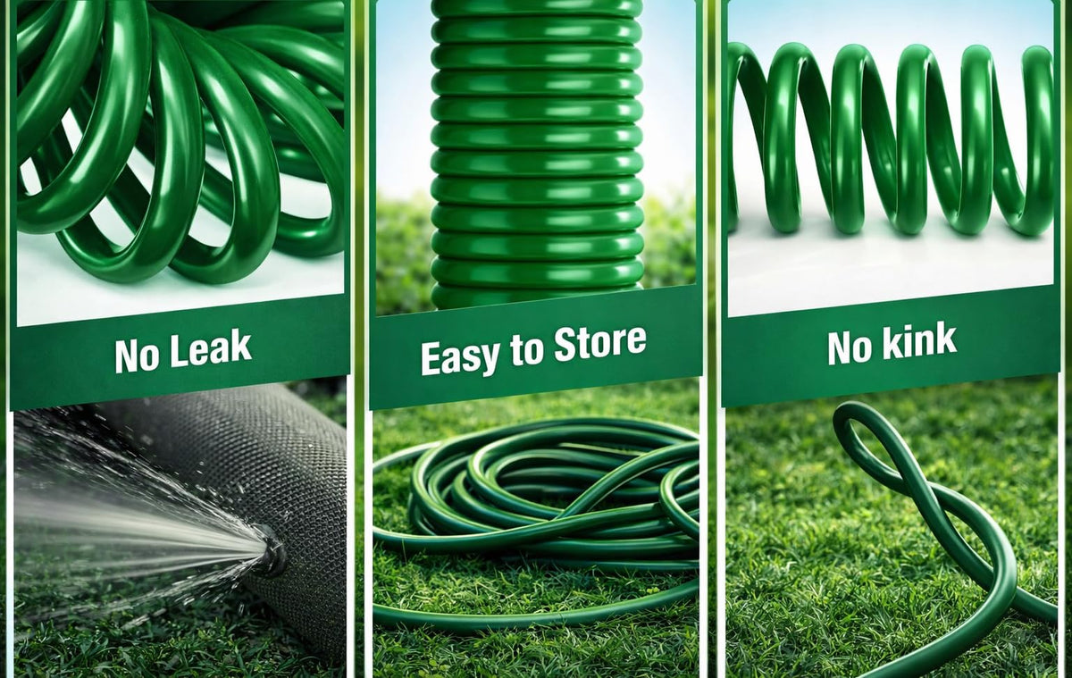 Mystic Romance retractable hose neatly coils after use in the yard.