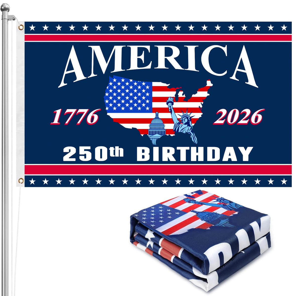 Mythcloud 250th Anniversary flag front view with double-sided readability for outdoor use.