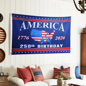 Mythcloud 250th Anniversary flag shown as outdoor banner for seasonal decor.