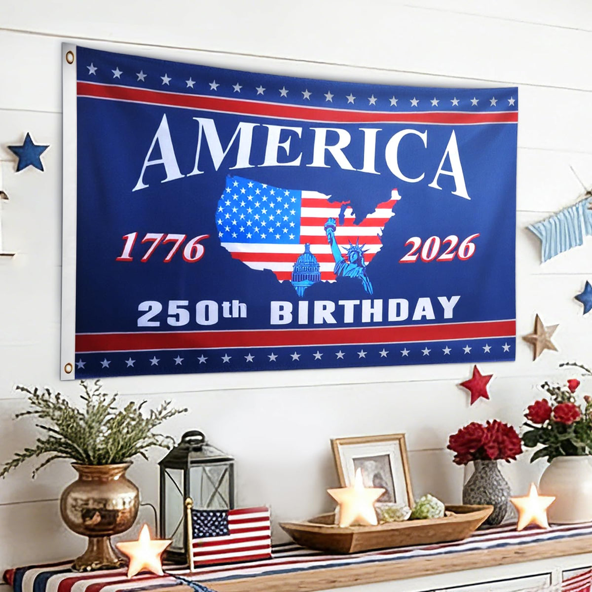 Mythcloud 250th Anniversary flag ready to hang on a porch or fence.