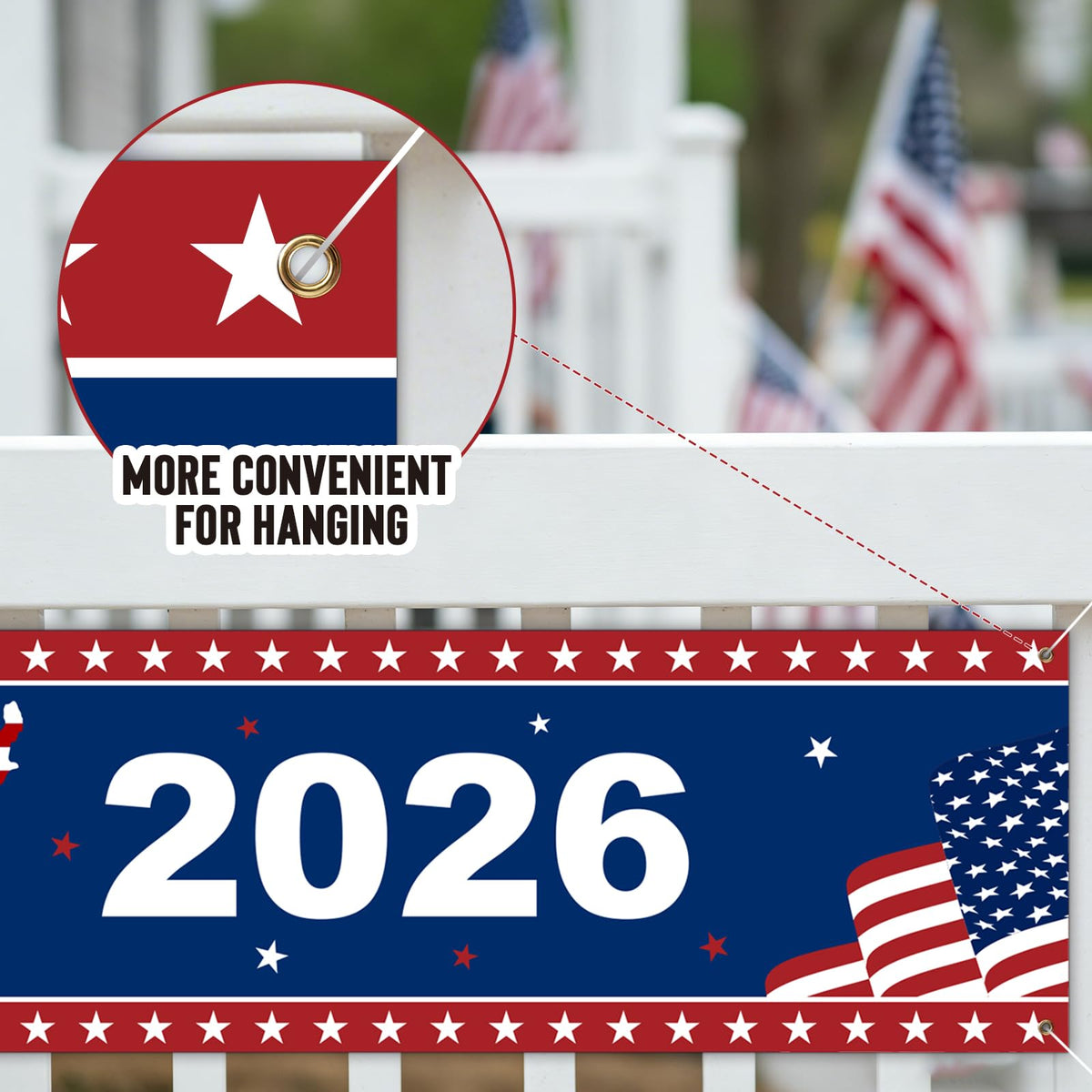 Mythcloud patriotic banner with ribbon tie for quick indoor or outdoor setup.