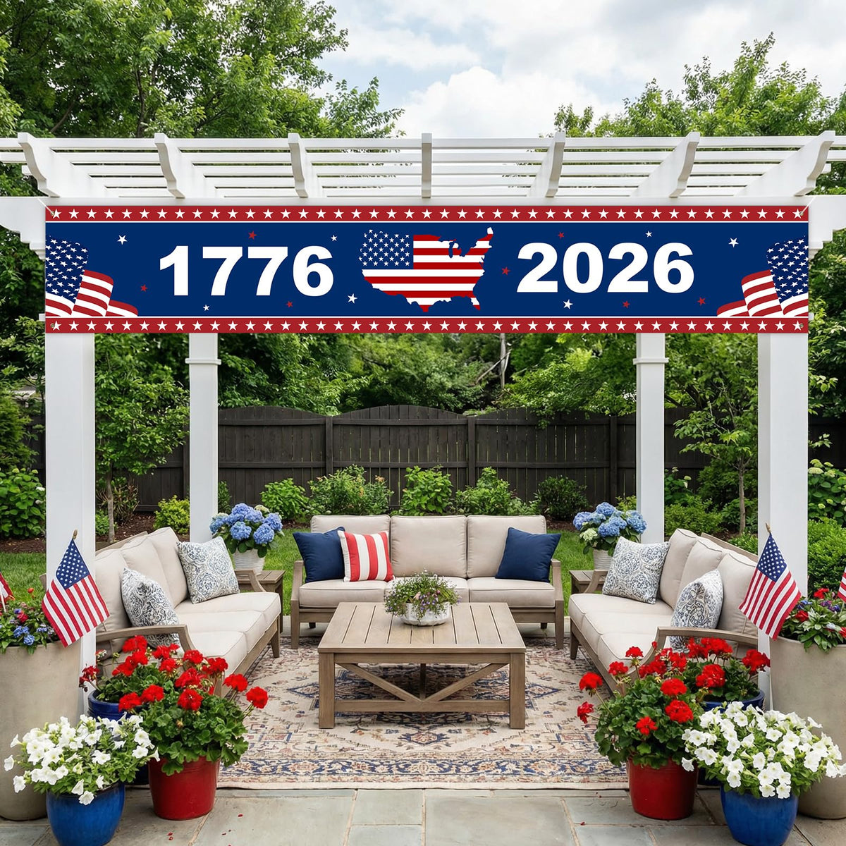 Mythcloud porch fence wall banner adds festive red white blue decor.