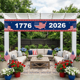 Mythcloud porch fence wall banner adds festive red white blue decor.