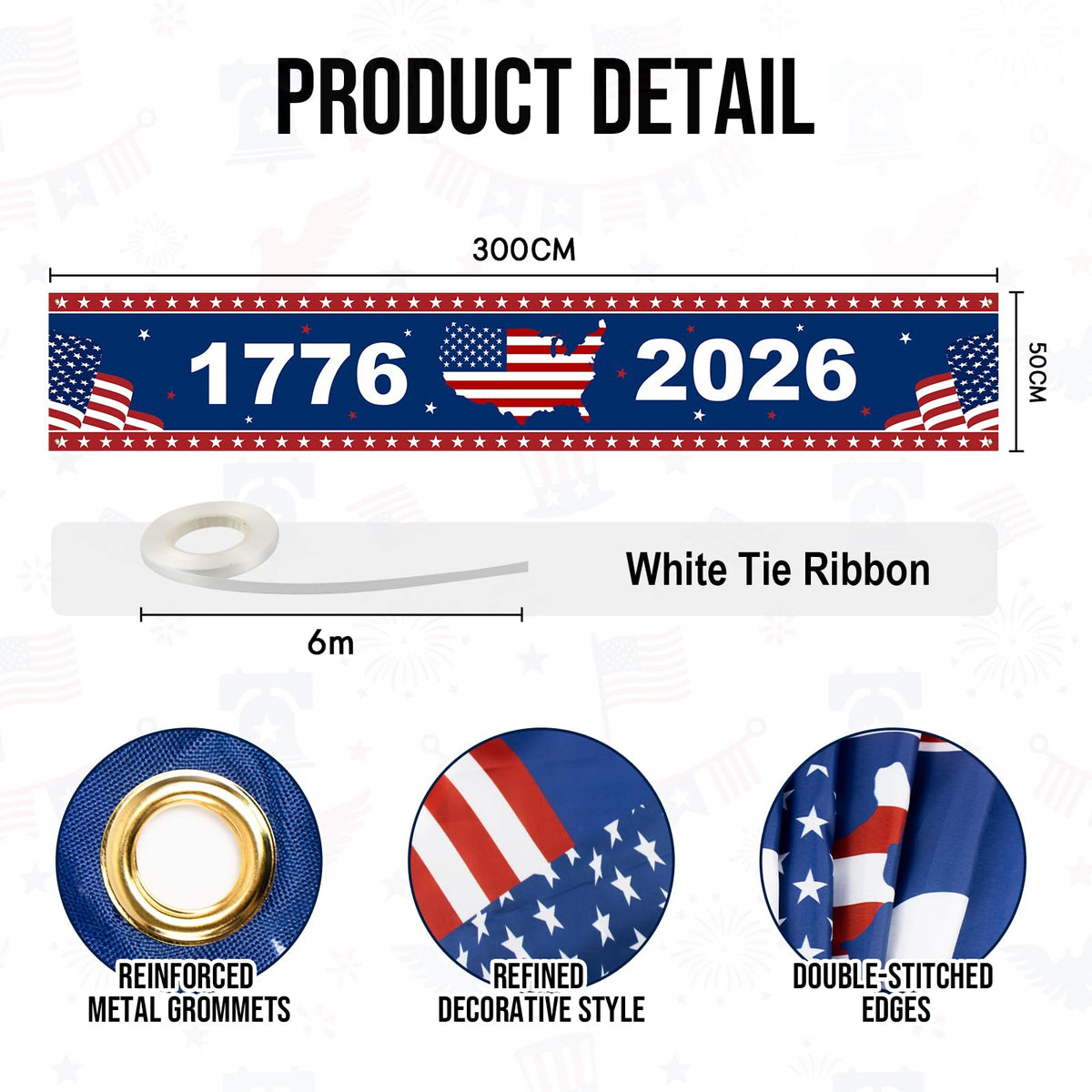 Mythcloud 250th anniversary flag banner uses 1776-2026 design for porch decor.
