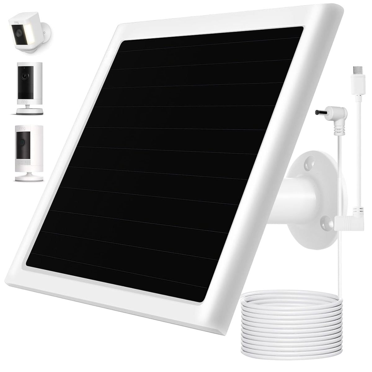 Mytions 6W solar panel charger front view powering outdoor Ring cameras