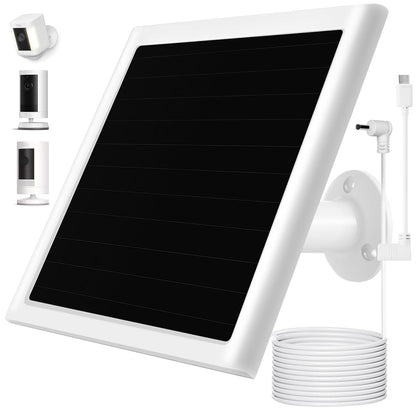 Mytions 6W solar panel charger front view powering outdoor Ring cameras
