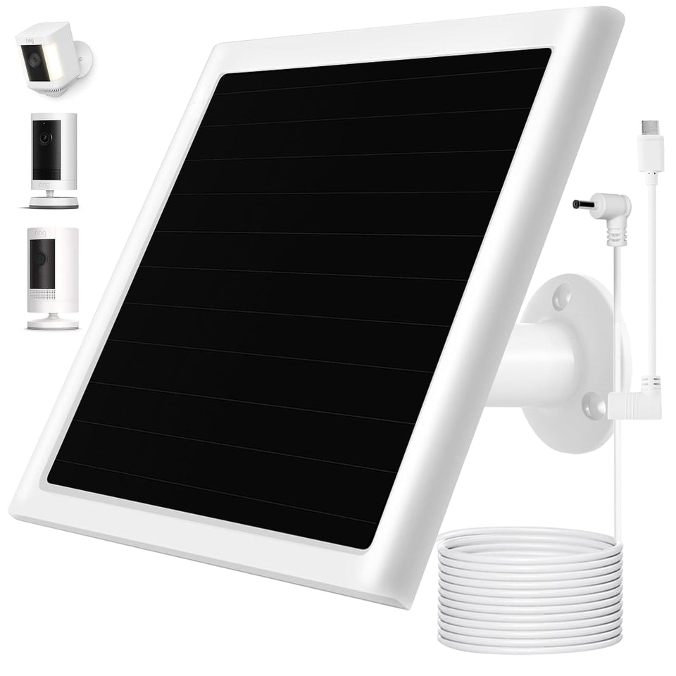 Mytions 6W solar panel charger front view powering outdoor Ring cameras
