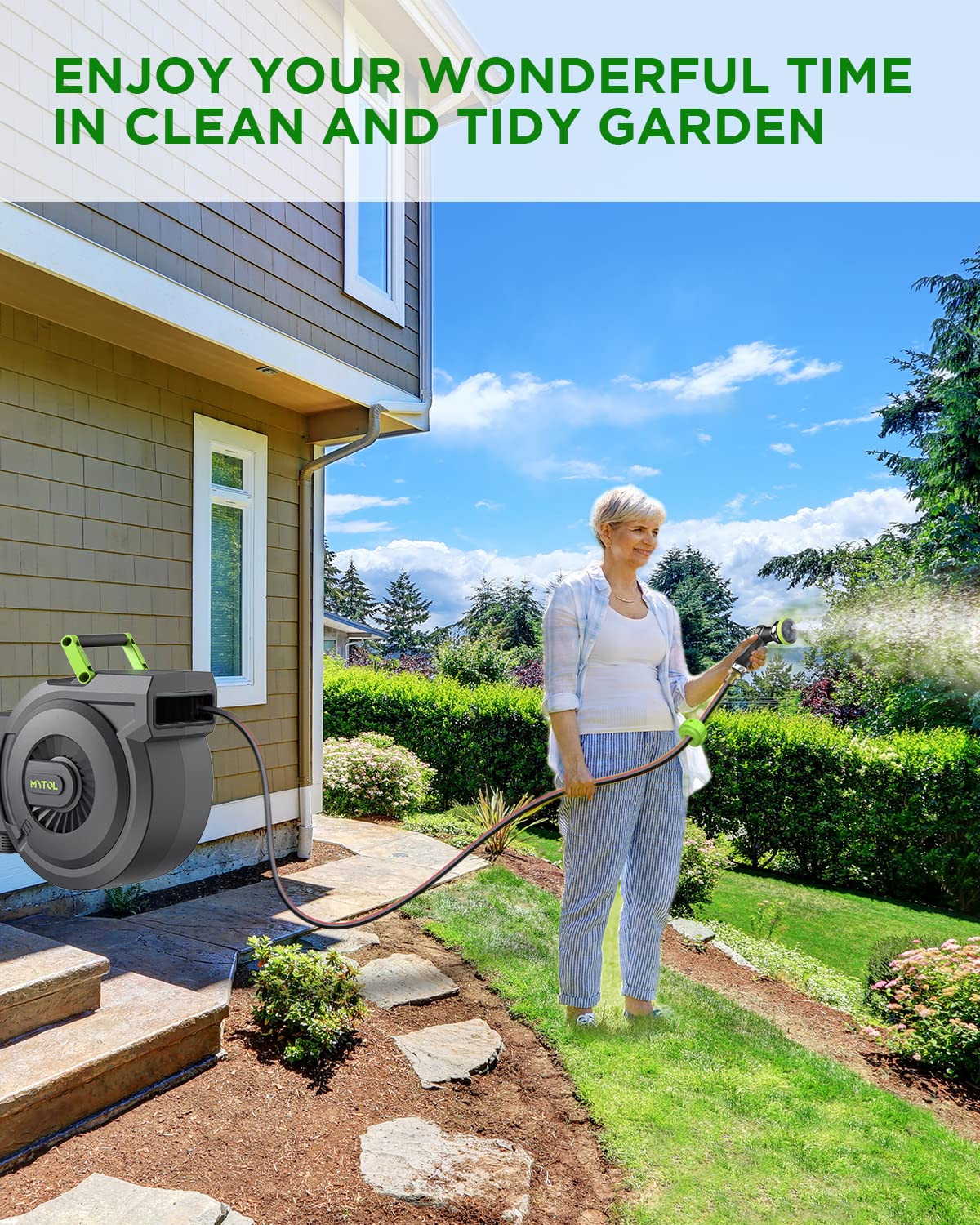 MYTOL garden watering reel in use for tidy yard maintenance