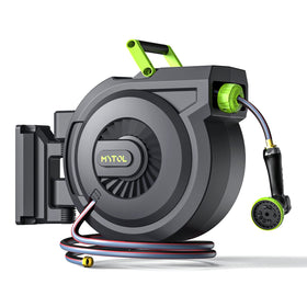 MYTOL retractable hose reel wall mounted side view with smooth rewind for tidy watering
