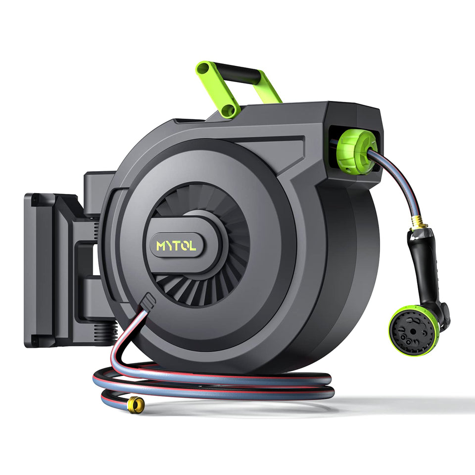 MYTOL retractable hose reel wall mounted side view with smooth rewind for tidy watering