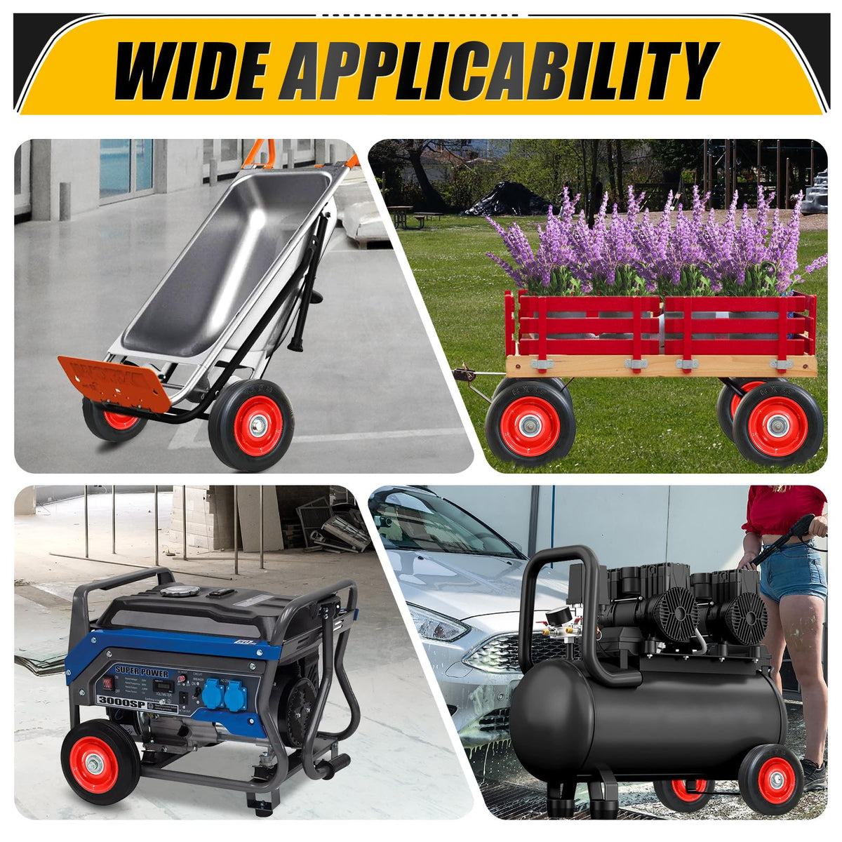 MZREXN wheels on yard carts and generators in outdoor environments.