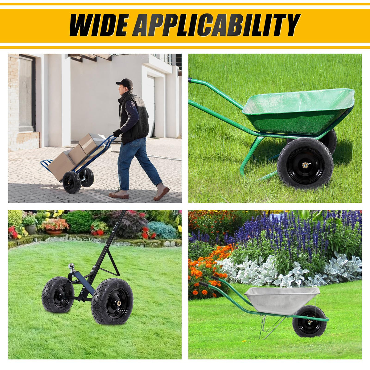 MZREXN cart-application solid tire fit demonstrates compatibility with carts and yard equipment.