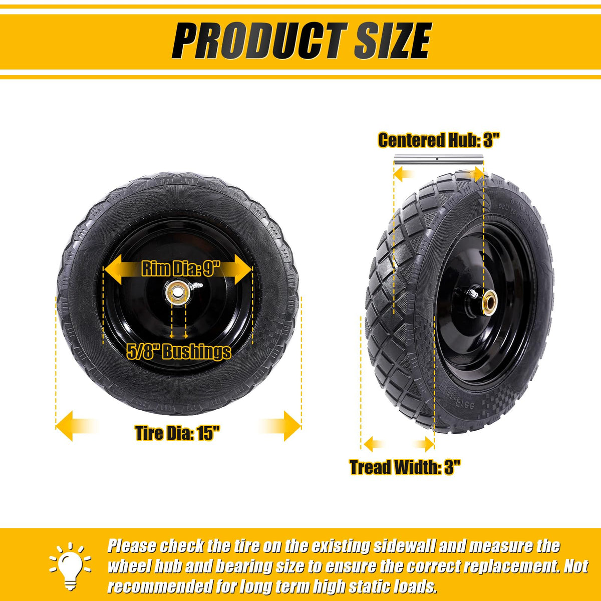 MZREXN solid 15-inch wheel with puncture-proof design for heavy-use carts.