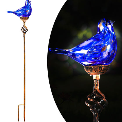 Naboher decorative solar bird stake dark blue lights garden pathways at dusk