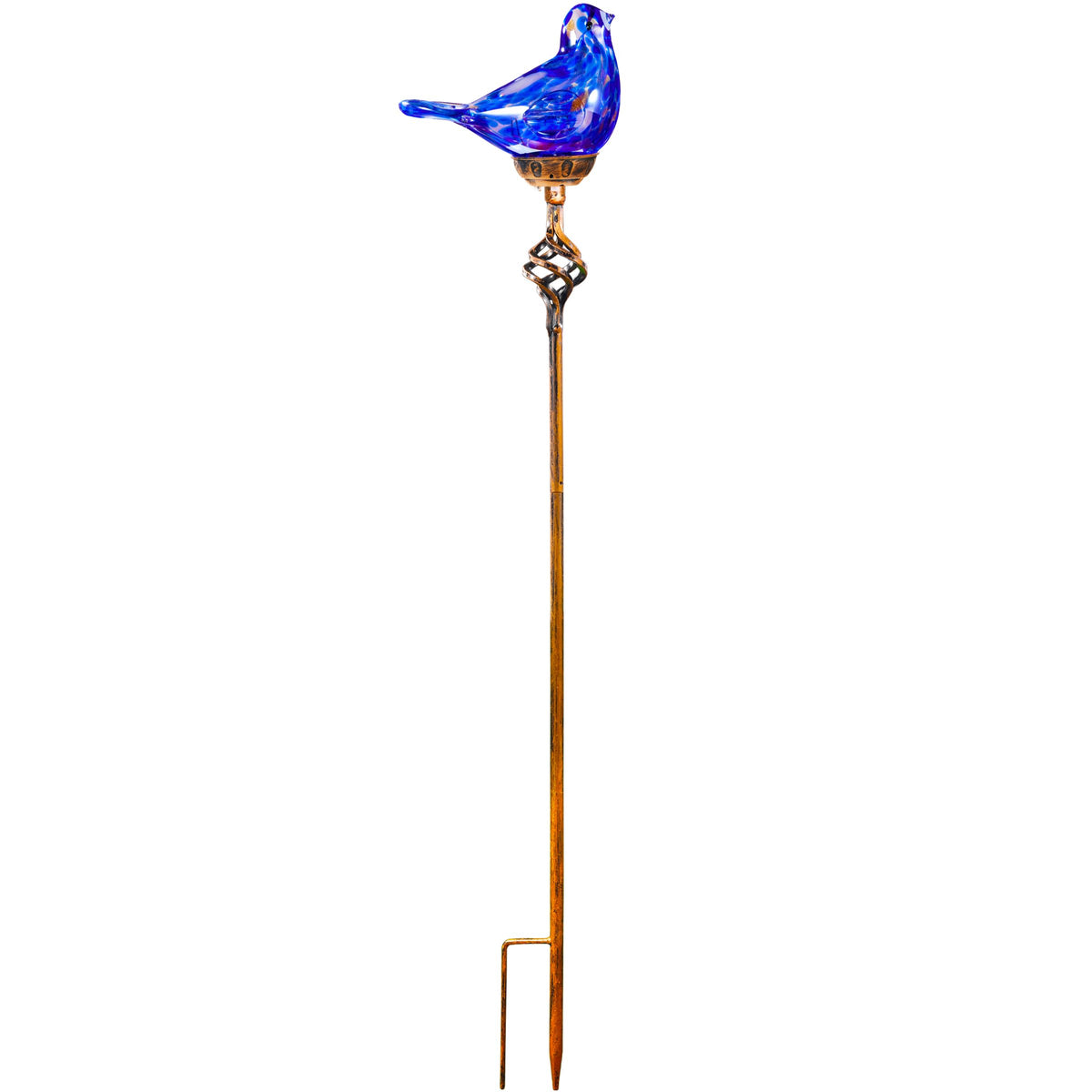 Naboher garden scene with bird stake creates a charming yard focal point